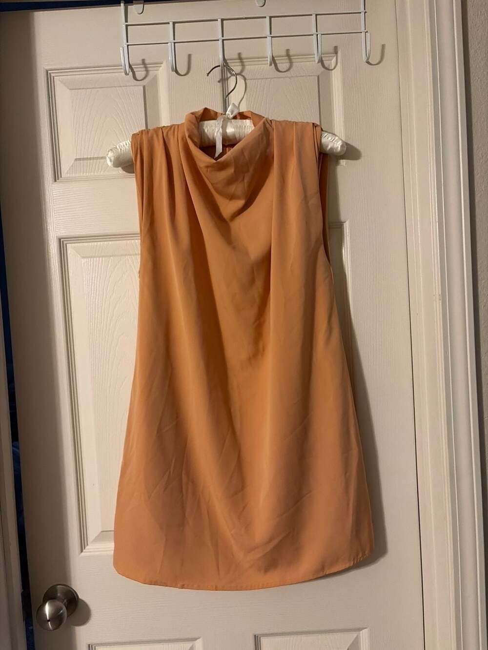 Lena Sleeveless Mock Neck Drape Front Mini Dress in Terracotta Orange D2620